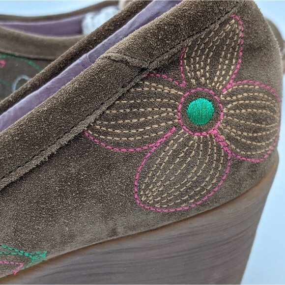 Camper "Twins" Brown Suede Embroidered Closed Toe Wedges - Picture 6 of 13
